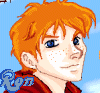 Pixelated character portraits with orange hair and blue eyes, a female character with brown hair and green eyes, and a combined portrait of both characters against a blue sky background.