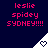Pixelated text displays 'leslie spidey SYDNEY!!!!' in pink over a dark blue background, with white triangular icons containing heart symbols below.