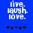 Blue background with white pixelated text 'live. laugh. love.' above five black and blue asterisks in a