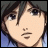 Anime-style character face with dark hair and blue eyes, next to pixelated text on black background.
