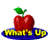 A 6-frame animated contact sheet showing a red apple with green leaf on blue oval base, each frame displaying different worm positions and apple hole states beneath "What's Up" text.