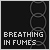 Black background with white pixelated text reading "BREATHING IN FUMES" and a gray DNA double helix on the right side.