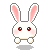 Four pixelated bunny head icons with pink ears, red eyes, and pink cheeks arranged in a on gray background