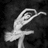 Pixelated grayscale icon of a stylized figure with arms raised in dynamic pose against dark background.