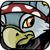 Pixelated cartoon bird wearing red-and-white mushroom cap, holding yellow object against blue background with black and gray accents.
