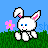 Pixel art contact sheet of four bunny frames showing sniffing and closing eyes with flowers on grass background