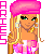 Pixelated character with pink headwrap, long blonde hair, green eyes, and pink outfit with white accents against gray background.
