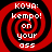 Red and black spiral background with white text reading "KOYA: kempo! on your ass" arranged in a circular pattern.