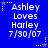 Blue background with white text reading 'Ashley Loves Harley 7/30/07' and yellow star decorations in four corners.