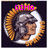 Pixelated circular icon with a dark background, featuring a stylized face surrounded by an orange-yellow ring and pink text at the top.