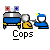 Animated contact sheet of five pixel art frames showing a police car and two figures with changing light colors on the vehicle roof.