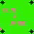 Green background with black starbursts and pink text reading LOVE U JARED in pixelated font, repeated across the image.