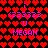 Pixel art icon with red heart pattern background and pink text elements arranged in a -like layout
