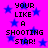 Pixelated text 'YOUR LIKE A SHOOTING STAR!' repeated twice on a bright pink background with scattered blue stars.