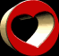 Red circular frame with a heart-shaped cutout, showing sequential rotation of the heart's orientation across three
