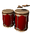 Animated sequence of red conga drums with beige tops and brown trim, showing hand movements on drum surfaces.