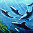 Pixelated image of multiple dark blue sharks swimming in a light blue water background with green aquatic plants at the bottom left.