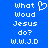 Blue background with white pixelated text reading 'what woud Jesus do? W.W.J.D' and a heart symbol, displayed in two identical vertical