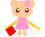 Pixelated cartoon bear with pink dress and flower, holding red bucket and white pail in four sequential poses.