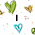 Animated icon with green hearts, blue heart outlines, and yellow butterflies on a white background with scattered colored pixels.