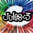 Pixelated icon with colorful radial background and multiple text elements including 'Jules 3', 'Dance 4 Life :(', and 'Peace Love J. Gallo' in black outlined white font.