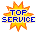 Pixelated graphic with orange and yellow flame-like burst behind blue text reading TOP SERVICE on light beige background.