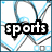Pixelated icon with sports-themed elements including a tennis racket, volleyball, and basketball, each paired with text labels.
