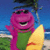 A pixelated animated contact sheet showing two frames of a Barney the Dinosaur character in beach attire with text reading "Barney is the man!!" on the right side.