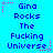 Blue background with repeated text "Gina Rocks The Fucking Universe" in dark blue pixelated font, surrounded by pink and purple star-shaped pixel decorations.