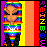 Pixelated character with rainbow hair and clothing stands against striped background, displaying two distinct facial expressions in adjacent frames.