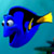 Static pixelated image of a blue fish with yellow accents against a teal background, resembling an animated character from a popular movie franchise.