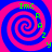 Four identical spiral patterns arranged in a , each with alternating blue and pink stripes, green text 'ImC', 'R', 'A', 'Z', 'Y' on the right side, and a central blue cross separating the quadrants