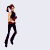 Pixel art animation of a woman in a black crop top and dark pants performing various walking and dancing poses against a light gray background.