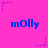 A static image with a bright pink background featuring repeated blue text "m0lly" and purple star patterns with dotted lines.