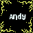 Black background with yellow pixelated border and four white 'Andy' texts arranged in a square pattern.