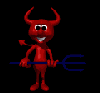Red devil character with horns, tail, and blue trident on black background; six distinct poses showing varied facial expressions and hand positions.
