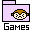 Pixel art folder icon with a cartoon monkey face, purple folder background, and 'Games' text below in black and yellow lettering.