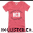 Animated sequence showing five Hollister Co. apparel items and perfume with changing text colors beneath each.
