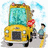 Yellow school bus with blue-tinted windows and pink flower on front, child walking beside it, yellow background text reads 'SCHOOL'S OUT!'