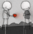Pixelated static image of two stick figures on a dark ground with one figure emitting red light from its hand toward the other.