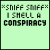 light green square icons with black text "SNIFF SNIFF I SHALL A CONSPIRACY" and varying colored "HMM" text at the bottom, some with red dots above