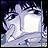 Pixelated anime-style character icon with text elements on a black background, featuring a stylized figure and two lines of pixelated text.