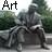 Pixelated image showing a seated figure with text 'Art' in the top-left corner, surrounded by blurred greenery.
