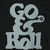 Light blue stylized 'GO' and 'R' text with decorative swirls on dark background, two variations of the same design.
