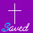 Purple background with white cross above cursive 'Saved' text, blue pixelated highlight shifting across letters in animation.