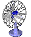 Animated sequence of a blue-based fan with rotating blades, showing multiple angles and motion states against a gray background.