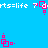 Pixelated blue background with repeated white text and pink geometric shapes in a pattern
