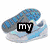 Four distinct pixelated images arranged in a , each with overlaid text: blue sneakers labeled 'my', feet on grass labeled 'love', green polka-dot flip-flops labeled 'and great', and white sneakers labeled 'desire'