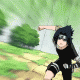 Animated sequence of a character in black clothing performing a punching motion against a green and brown background.