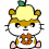 Pixelated cartoon hamster with yellow top of head, brown forehead stripe, white face, pink cheeks and feet, green leaf on head, orange circular chest marking.